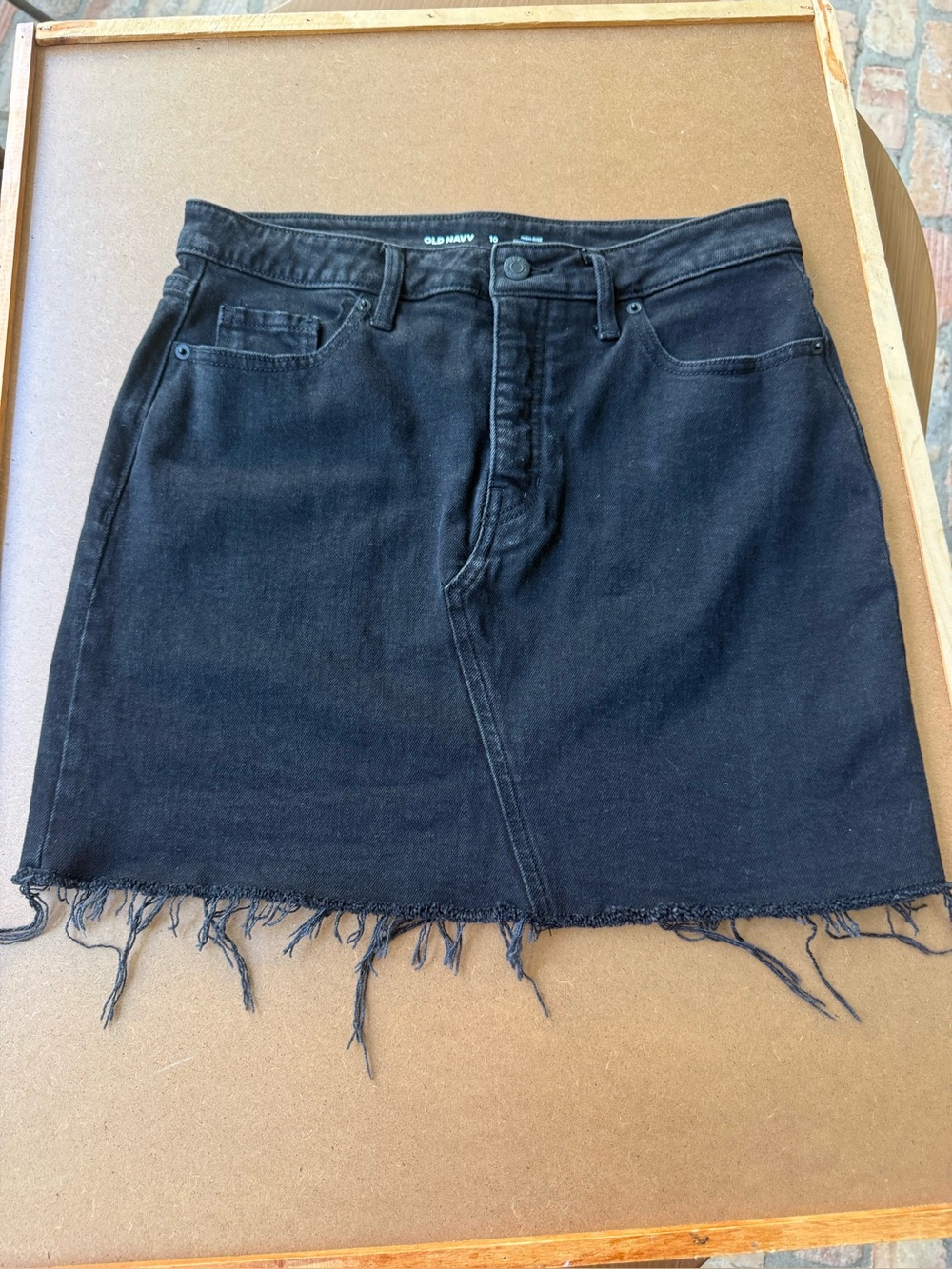Old Navy Black Denim Mini Skirt with Frayed Hem button fly Size 10